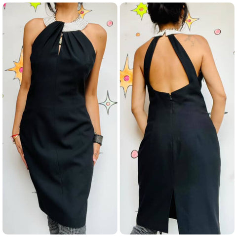 Vintage 90s Black Formal Dress with Pearl Neckline Cache – Size 10 – Elegant LBD