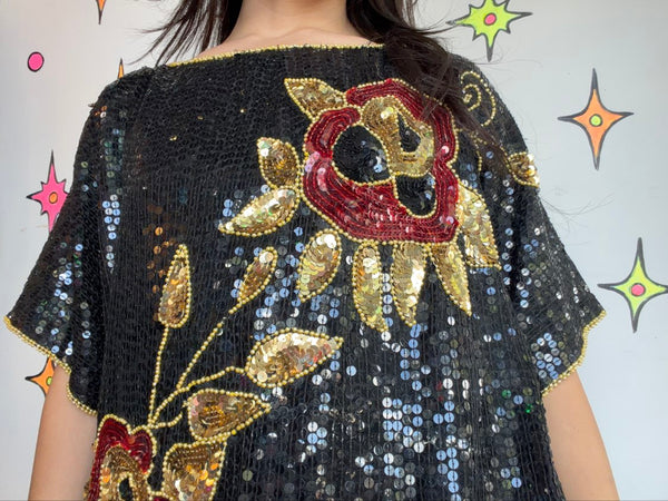 Vintage 80s Black Gold Sequin Party Blouse Maximalist Holiday Glam Disco Top