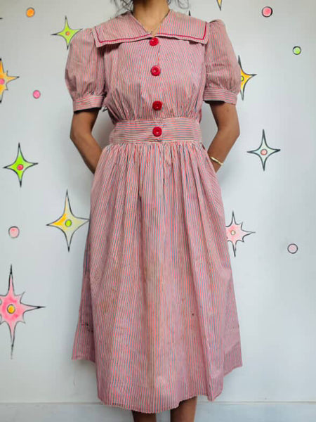 Vintage 1940s Striped Nautical Sailor Costume Dress Handmade Pinup Seaside 6 - 8