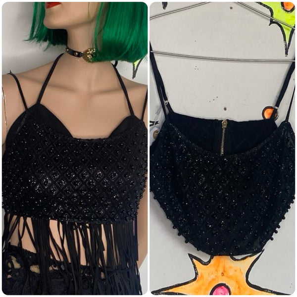 Black Beaded Cropped Bralette Bustier Top Sparkly Layering Piece Goth Glam S