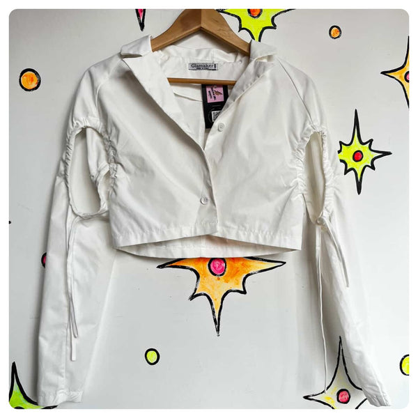 Y2K White Deconstructed Post Apocyliptic Utility Crop Button Down Shirt - S/M
