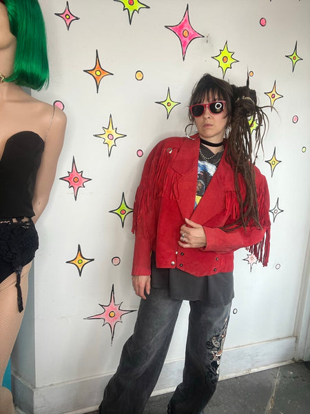 Vintage Red Suede Jacket 80s Cropped Fringe Leather Western Grunge L XL