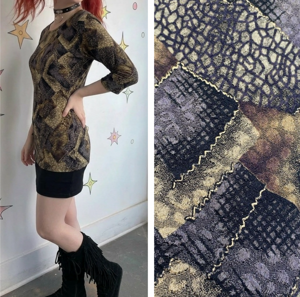 90s Abstract Patchwork Animal Print Top Elementz 3/4 Sleeve Grunge M