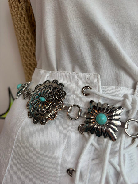 Silver Tone Concho Belt Western Boho Glam Heavy Texture Faux Turquoise | OS