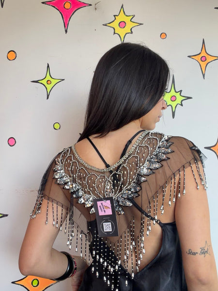 Vintage Beaded Fringe Flapper Western Collar Whimsigoth Glam Statement Cape