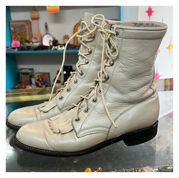 Vintage Justin Ropers | White Lace Up Boots | 7.5 B