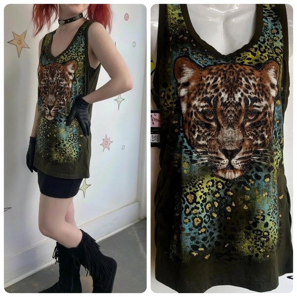 Vintage Y2K 2000s | Leopard Graphic Tee Glitter Emo Fairy Grunge T Shirt Tank | L