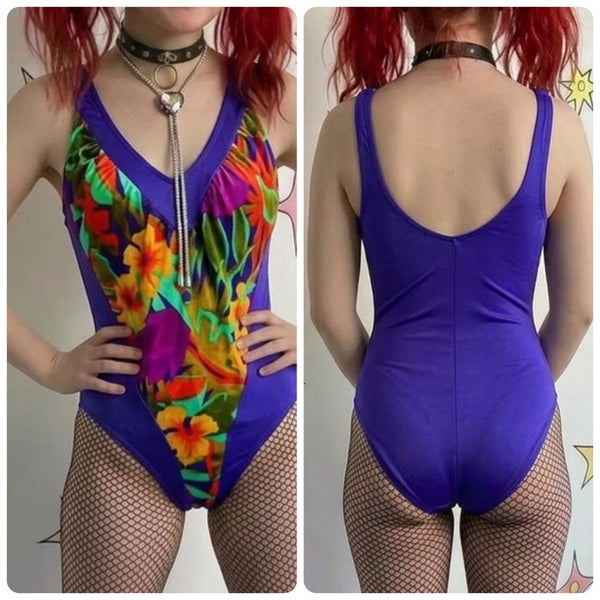 Vintage 70s 80s | Rainbow Hawaiian Day Glo One Piece Swimsuit Bodysuit | M L