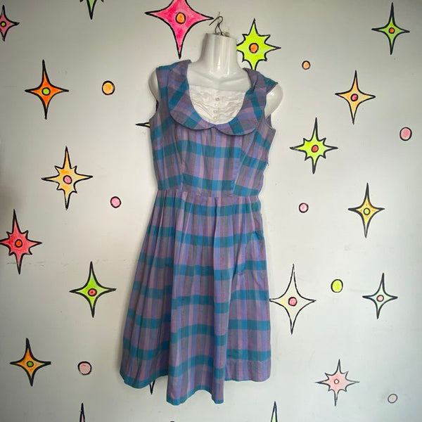 Vintage 50s Pastel Plaid Midi Dress Handmade Cotton Rockabilly Pin Up - Small