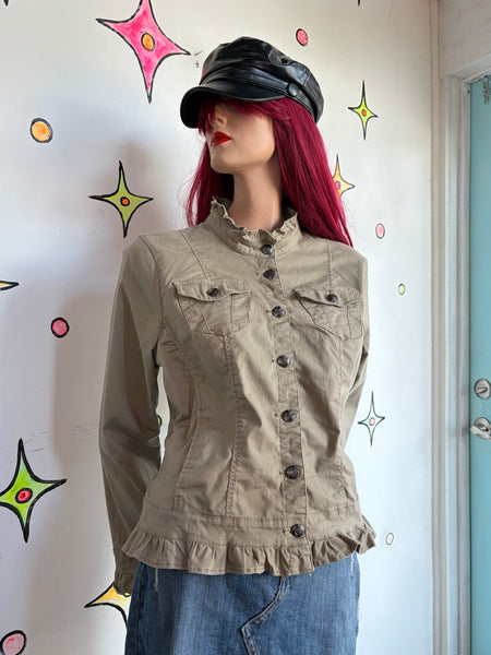 Y2K Khaki Military Jacket Soft Grunge Ruffled Utility Blazer Fairy Grunge XL