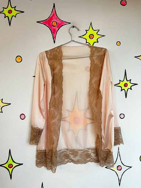Vintage 70s Pink Lace Robe – Lingerie Nighty Boudoir Bed Jacket Babydoll S