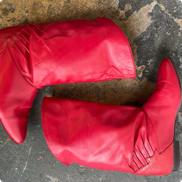 Vintage 80s Cherry Red Fold-Over Cuff Pirate Leather Boots | Rocker Glam | 6.5