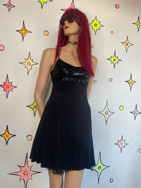 Y2K Sequined Babydoll Party Dress Built-In Petticoat Love Tease Prom Glam M
