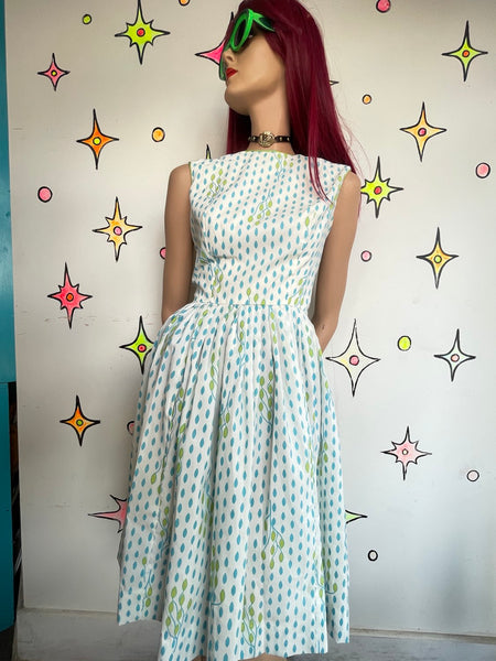 Vintage 1950s White Blue Floral Twirl Dress Retro Rockabilly Fit & Flare S
