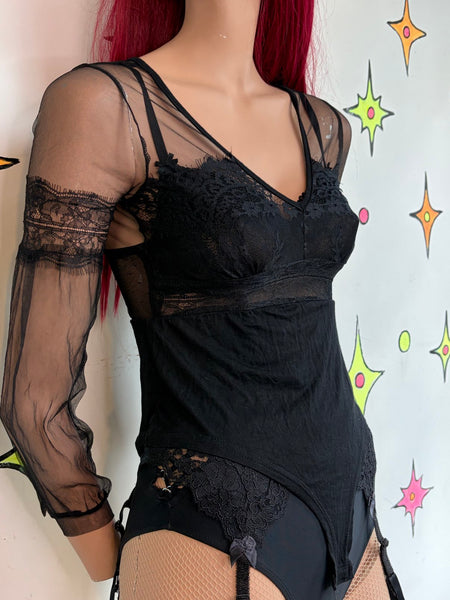 Vintage Gothic Black Lace Bodysuit Sheer Viscose Goth Grunge Lingerie Top S