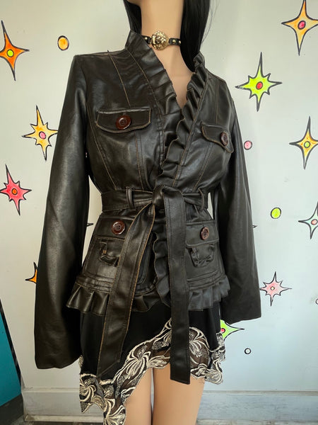 Y2K Babydoll Brown Vegan Leather Jacket – Fairy Grunge Moto Retro M/L