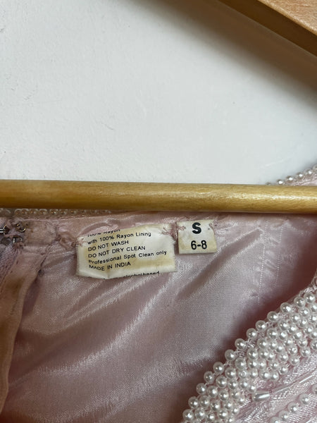 Vintage 80s Pink Pearl Beaded Lace Formal Gown Victorian Pastel Princess Dress M