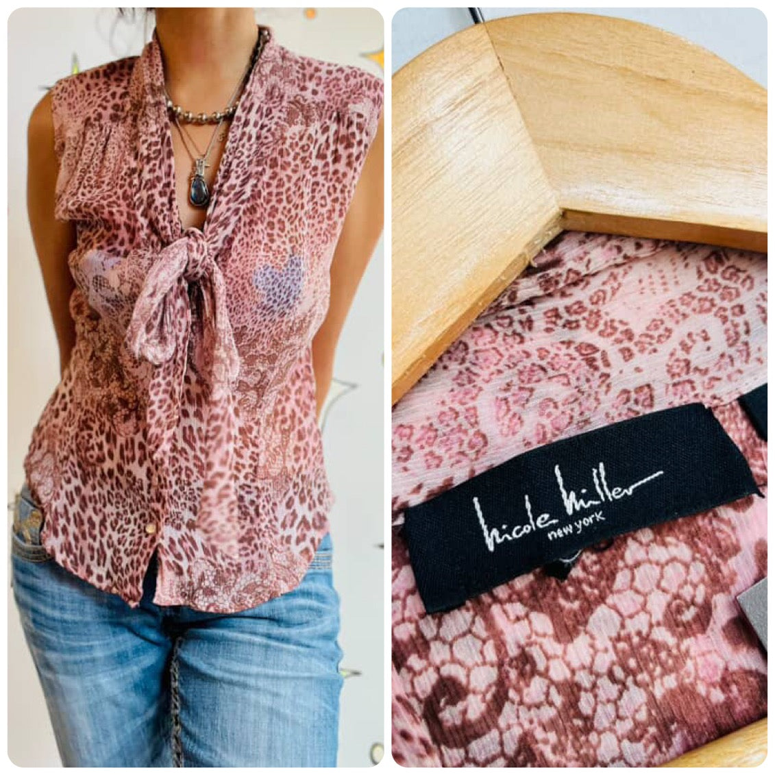 Vintage Nicole Miller Silk Pink Sheer Bow Neck Top | Leopard Print Fairy Grunge