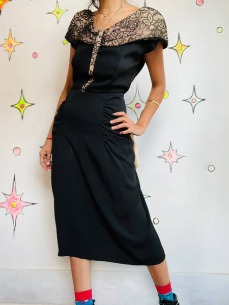 1950s Black Mermaid Wiggle Cocktail Dress | Cascade Ruffles | Old Hollywood | ML