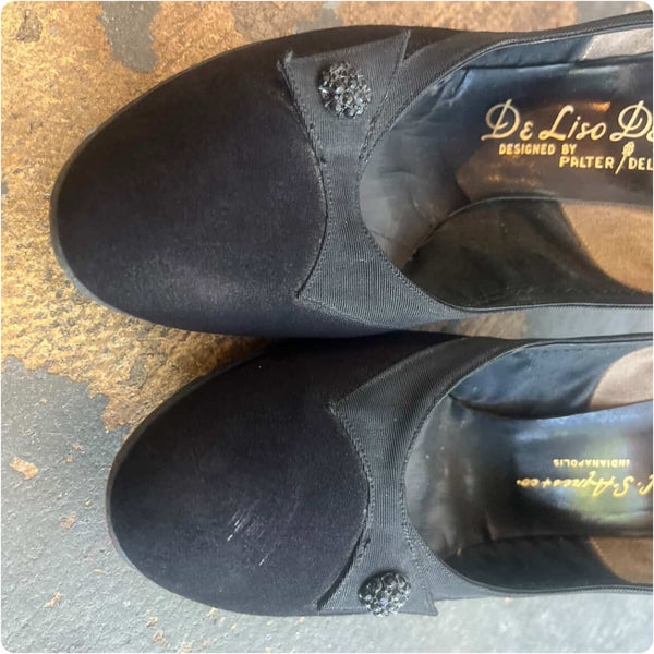 Vintage 40s 50s Black Suede Round-Toe Embellished Heels - Palter Deliso - 8.5