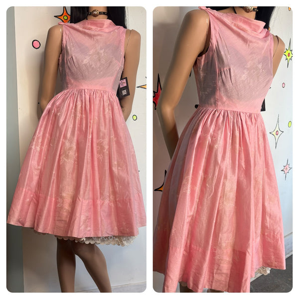 Vintage 50s Pink Bows Dress Babydoll Cotton Cupcake Party Kawaii Twirl Pinup S/M
