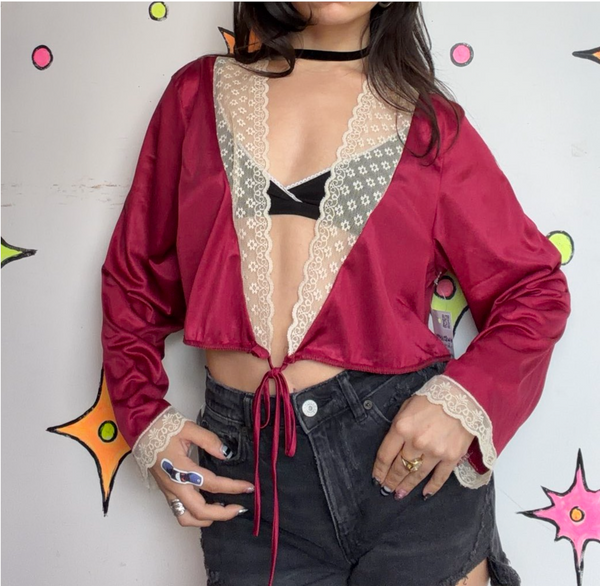Vintage Burgundy Lace Lingerie Duster Romantic Goth Boudoir Y2K L
