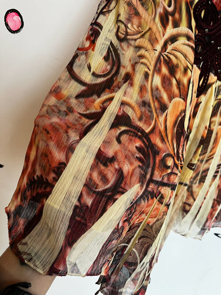 Vintage Y2K Affliction-Style Boho Grunge Fairy Tattoo Tee Crochet Embellished S