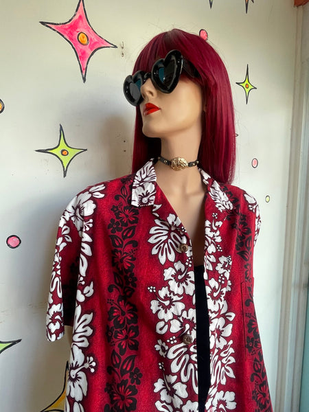 Y2K Men's Crimson Red & Black Floral Hawaiian Souvenir Party Resort Shirt XL