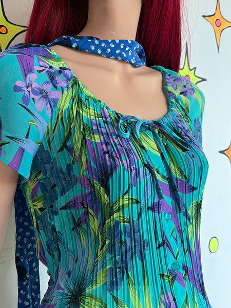 Y2K Neon Hawaiian Tank Top Miami Maximalist Fairy Grunge Cyber Y2K Pleated Top L