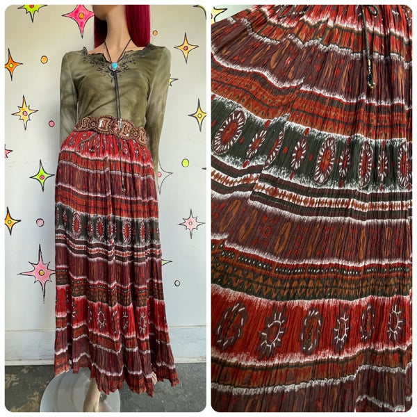 Vintage 80s 90s Red Western Boho Gauzy Flowy Maxi Skirt Global Coffeehouse