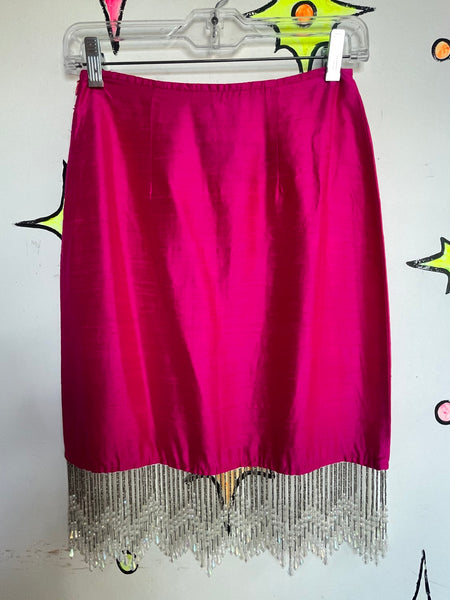 Johanne Beck Silk Luxe Hot Pink Skirt w Iridescent Beaded Fringe Flapper Glam S