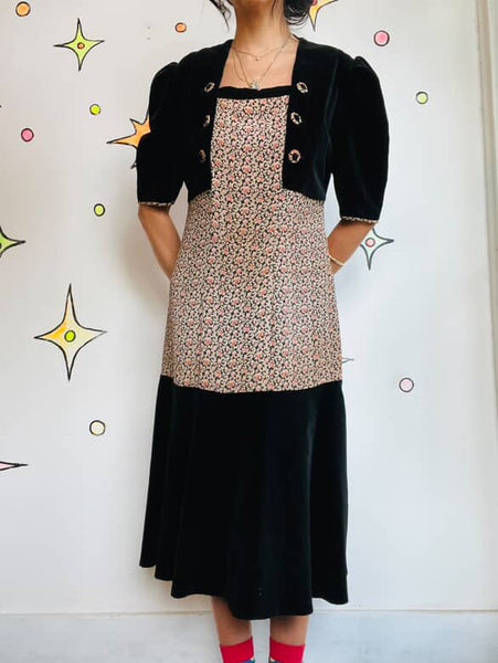 Vintage 40s Velvet Floral Print Dress | Secretary Rococo Goth, Boho Grunge | M/L