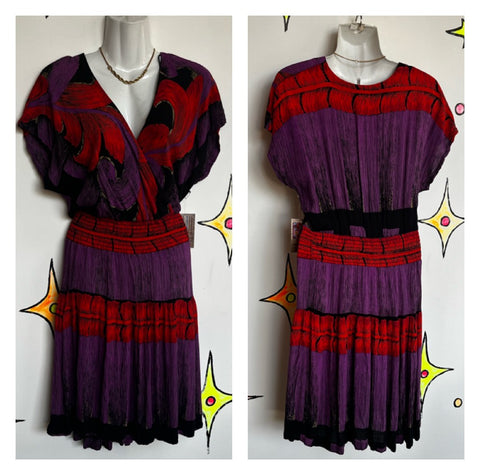 Vintage 90s | Red & Purple Abstract Flowy Mini Dress | Medium