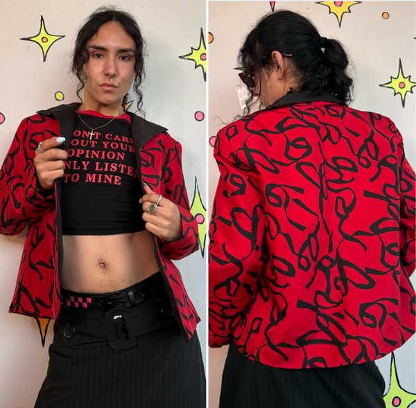 Vintage 80s 90s Silk Blazer Red Black Abstract Art Whimsy Goth Jacket Blazer M