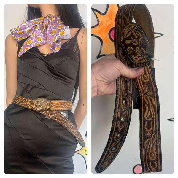 Vintage Western Cowgirl Grunge Boho Brown Tooled Leather Belt 36-38" Waist