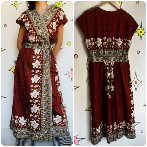 Vintage | Boho Grunge Kaftan Mumu Wrap Hawaiian Cotton Midi Dress | Size S M