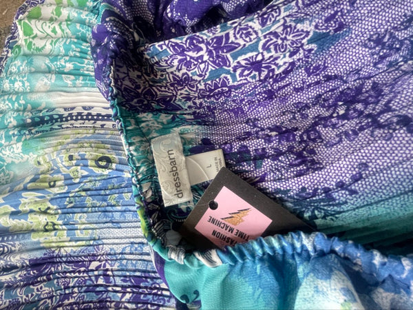 Turquoise Purple Pleated Ruffled Floral Paisley Tattoo Print Whimsy Fairy Top L