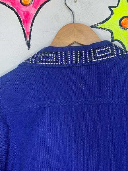 Purple Bling Denim Jacket Y2K Rhinestone Embellished Jean Jacket Maximalist L