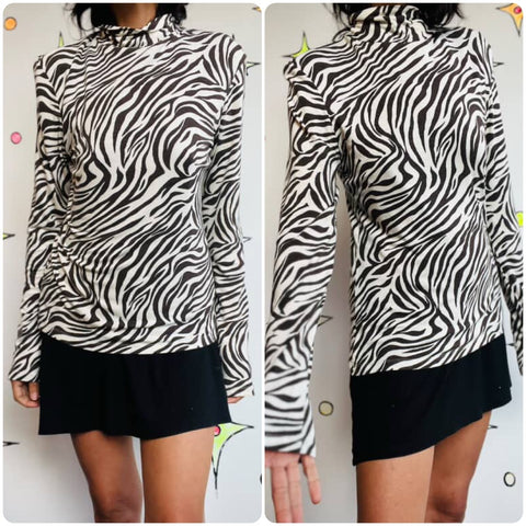 Vintage 80s 90s Zebra Striped Turtleneck | Glam Grunge Stretch Top | Size S