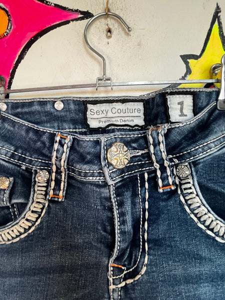 Y2K Rhinestone Denim Flare Jeans Low Rise Embellished Indie Sleaze McBling XS