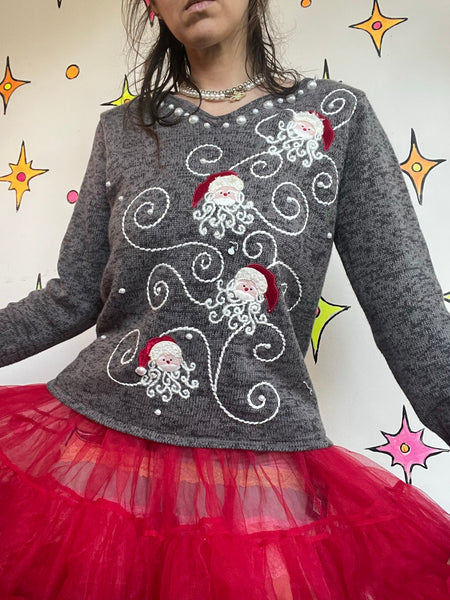 Vintage Santa Christmas Sweater | Ugly Tacky Beaded Holiday Pullover Small