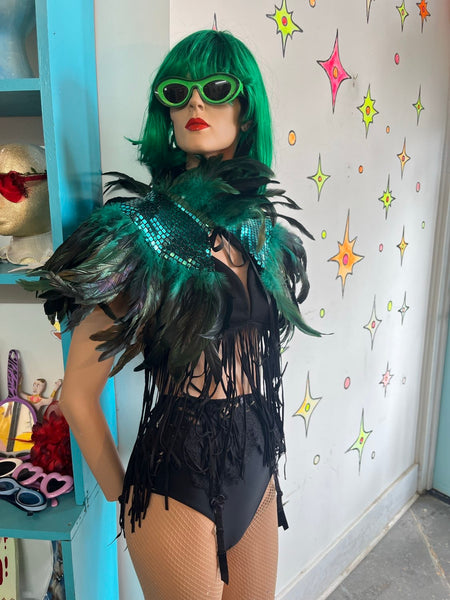 Y2K Metallic Emerald Feather Cape Glam Costume Statement Piece