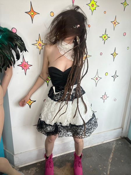 80s Gunne Sax Black & White Lace Lolita Crinoline Prom Party Cupcake Dress - XS
