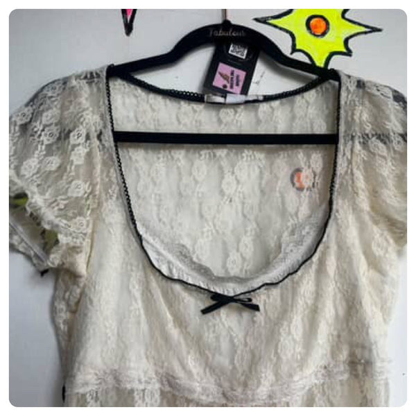 Vintage Y2K White Sheer Lace Rococo Babydoll Coquette Fairy Grunge Top Blouse L