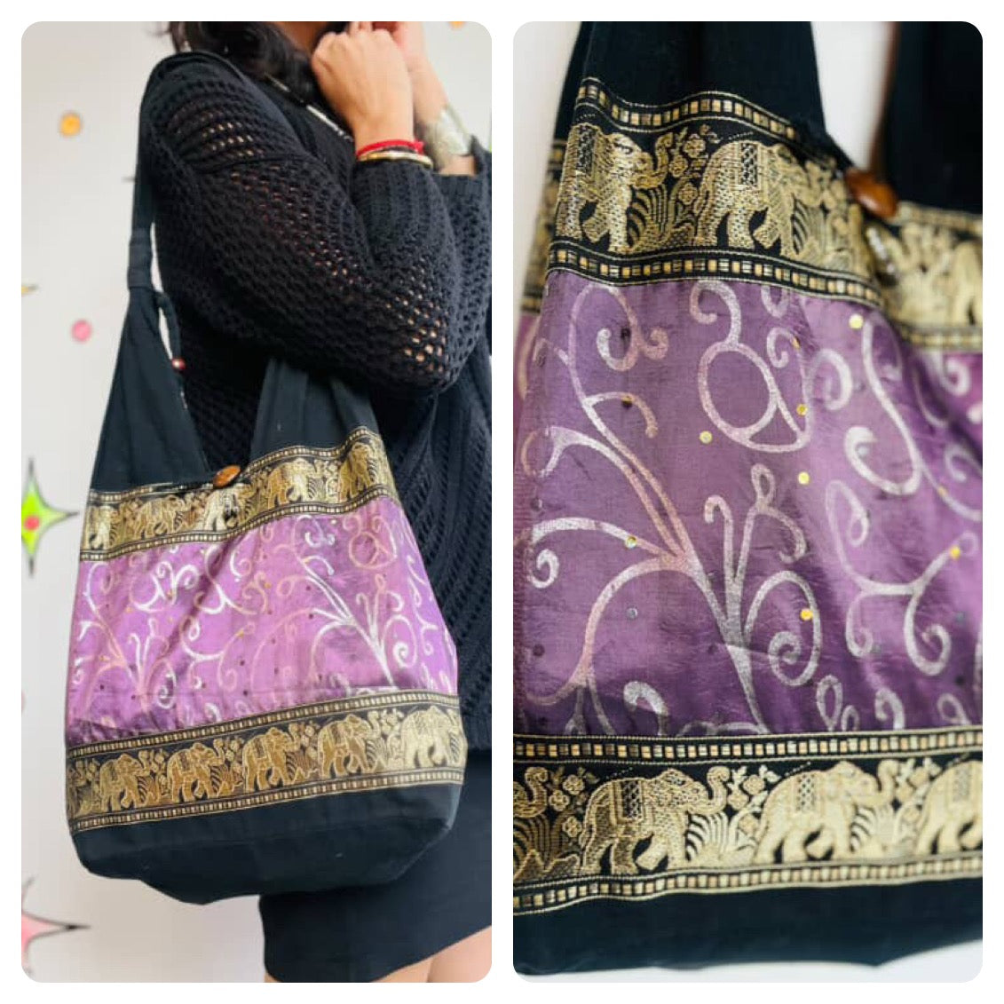 Vintage Beaded Black Gold & Purple Boho Fairy Grunge Tote Bag - Elephant Print