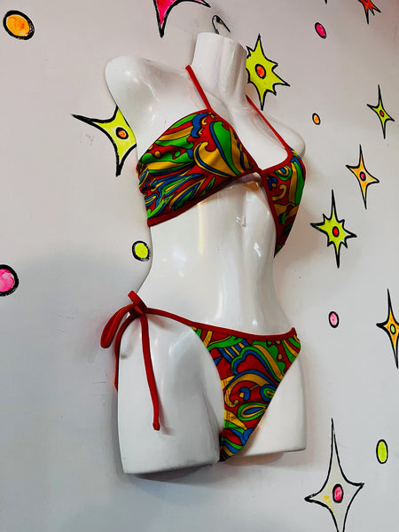 Vintage Retro 60s Style Groovy Rainbow MOD Psychedelic Bikini Swimsuit - Small