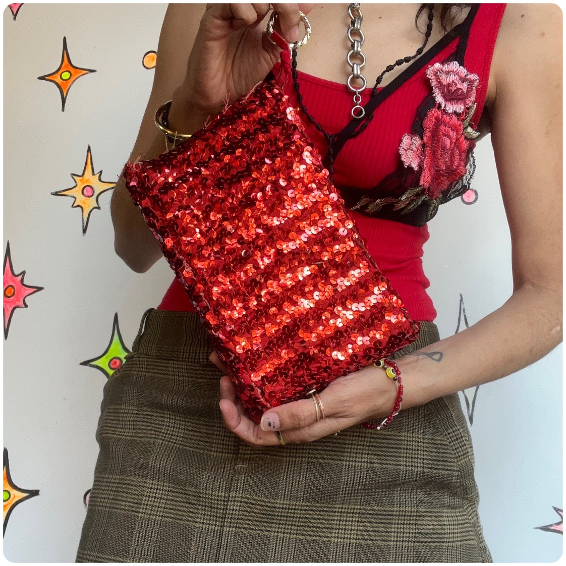 Vintage 80s | Red Metallic fully Sequined Beaded Clutch Handbag Purse Glam Disco