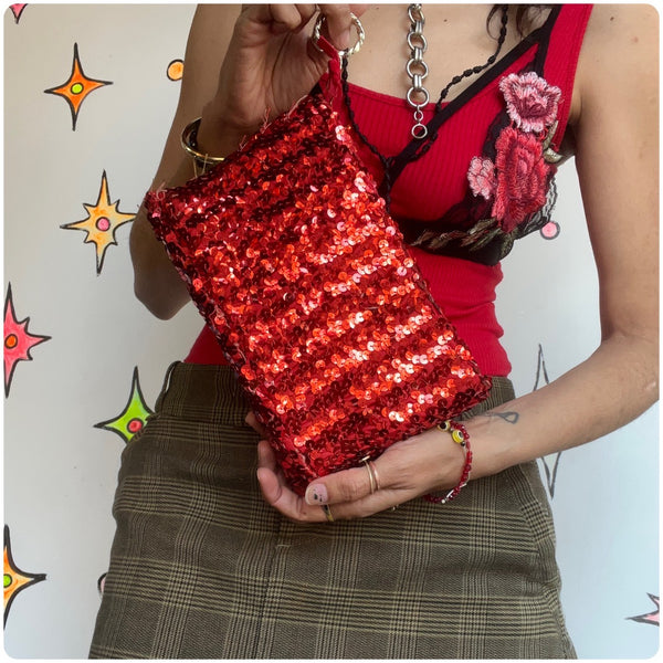 Vintage 80s | Red Metallic fully Sequined Beaded Clutch Handbag Purse Glam Disco