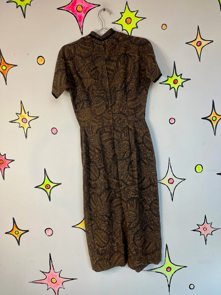 Vintage 1950s Paisley Wiggle Dress - Beaded Floral Print - Pin-Up Bombshell - M