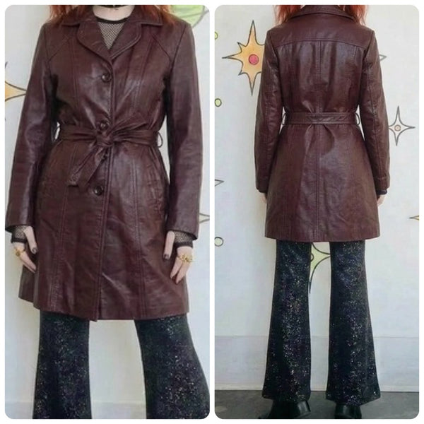 Vintage 70s Cherry Brown Leather Trench Coat Boho Grunge As-Is Distressed M/L